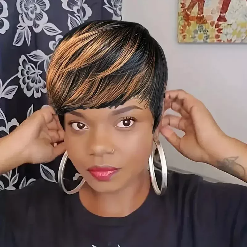 (Bastet) 1B/30 Ombre Straight Pixie Human Hair Wig with Bangs, Machine Made, 150% Density
