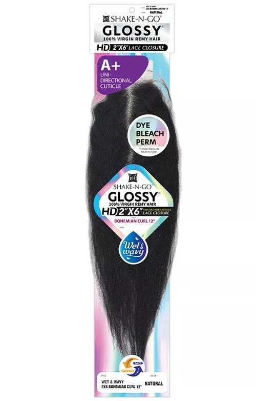 SHAKE N GO Glossy 100% Virgin Remy Hair 2×6 HD Lace Closure – Wet & Wavy Bohemian Curl 12″